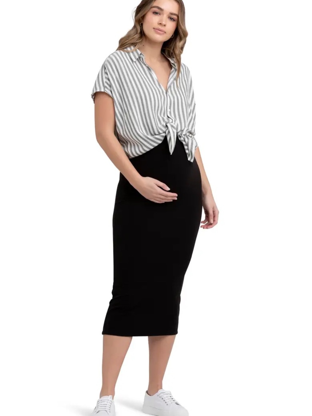 Ripe Maternity Ada Stripe Button Front Tie Shirt Gray White Size M
